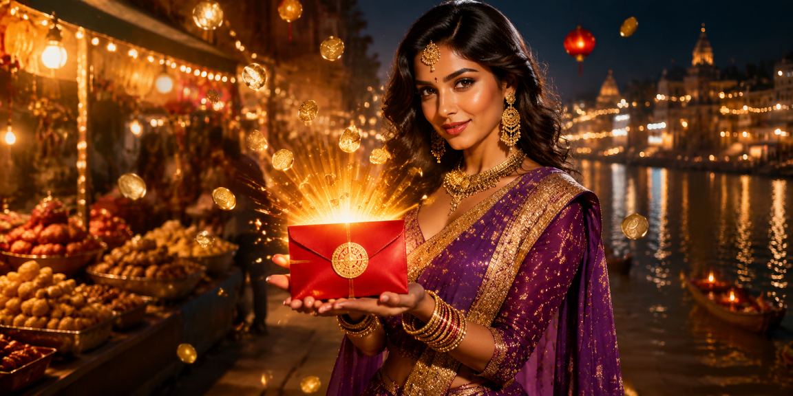Festive night market with red envelope gifts